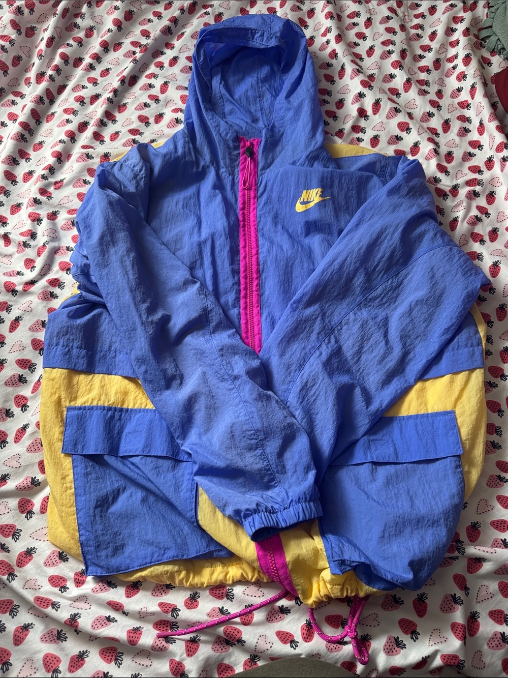 Nike Blue Hooded Windbreaker with Yellow Panels and Pink Zipper